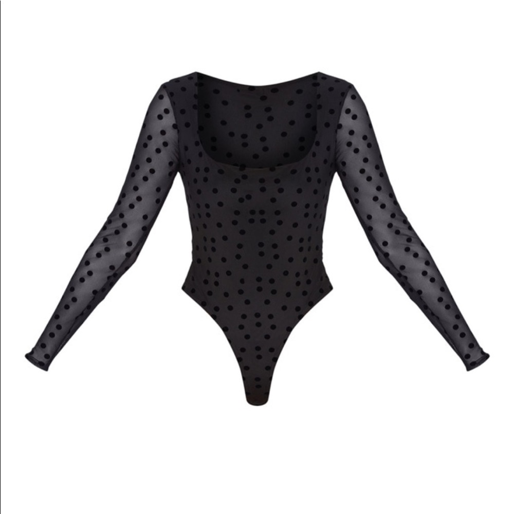 Black Polka Dot body suit from Pretty Little Thing